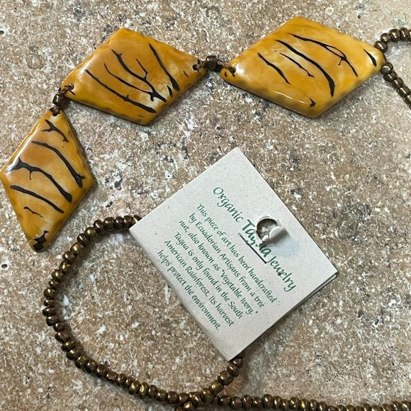 ORGANIC TAGUA NUTS LONG PENDANT ON LEATHER DANGLE NECKLACE GOLD BROWN ARTISAN - Picture 5 of 8